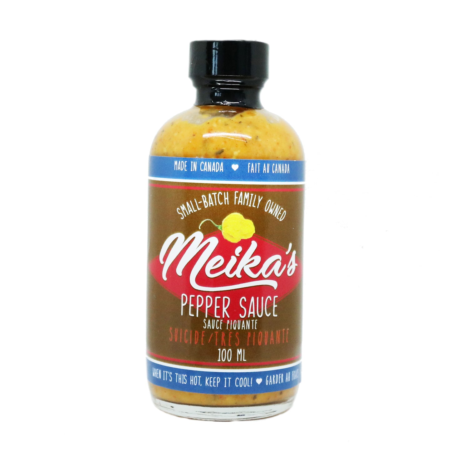 4 oz (200 mls) scotch bonnet suicide peppersauce level 1. The scotch bonnet heat is brought to the same level as the flavour and stopped before eclipsing it