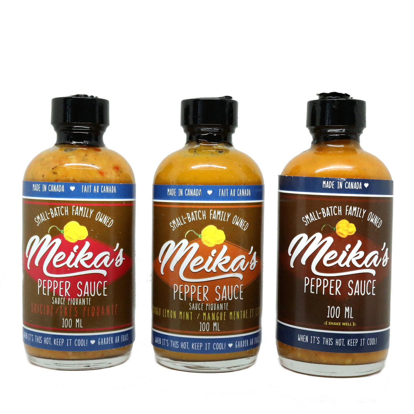 4 oz (100 mls) pic of 3 Meika's pepper sauces. The mangolemonmint (a sweet heat with cool undertones), Original pepper sauce (delicious scotch bonnet pepper sauce with less heat but a lot of flavour) and the suicide sauce (1oz scotch bonnet suicide peppersauce level 1. The scotch bonnet heat is brought to the same level as the flavour and stopped before eclipsing it) #flavouroverheat